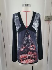 Top Save The Queen stampa astratta manica lunga taglia large elasticizzato nero grigio 