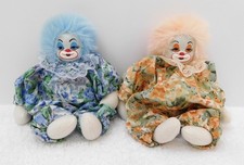 Lotto 2 bambole pagliaccio vintage anni 70 testa di porcellana e corpo sacchetto di fagioli alti 8"