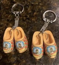 Two Souvenir Holland Dutch Clogs Keychains Keyring Wooden Shoes Windmill