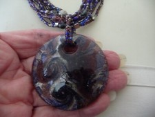 MURANO GLASS PENDANT BLACK SILVER & SWIRL SEED BEAD CHAINS NECKLACE #25/15K