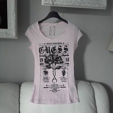 T-shirt Guess rosa pallido con scritte nere brillantinate nuova maglia maglietta