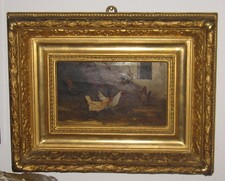 XIX secolo Olio su tavola firmato. Polli e galline nel pollaio.  Firmato Bruno.