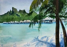 Hawaii Painting Watercolor Original Art Mountains Bungalow Artwork Seascape