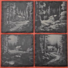 Slate Coaster cabin design 4"x4" Laser engraved Set of 4pc