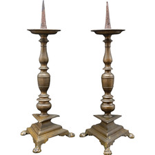 COPPIA DI CANDELIERI CANDELABRI DA ALTARE IN OTTONE CHIESA 1800 ANTICHI RELIGIOS