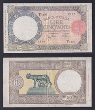 Banconota Italia 50 lire Lupetta Capitolina (B.I.) 8.10.1943 L'Aquila P.66 BB/VF