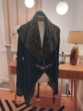 Cardigan blu strega stile cascata motivo azteco orlo taglia M/L fatto a mano nuovo con etichette