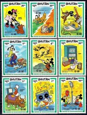 Bhutan 1984 Disney Paperino Pluto Topolino Cartoni Animati Rock Art Cane Comunicazioni MNH