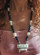❤??COLLANA DONNA PIETRE DURE ONICE NERA,MADREPERLA, PERLE . TALISMANO . ETNICA