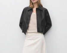 Women's Genuine Leather Jacket Cropped Black Coat Casual Minimalist Outerwear