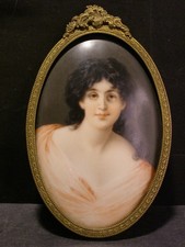 Antico dipinto ritratto di signora dipinto a mano 19c su porcellana cornice bronzo targa
