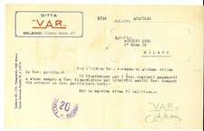 1942 MILANO Ditta VAR Vendite a rate *Lettera commerciale su carta intestata