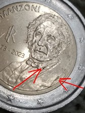 Moneta 2€ Italia 2023 A. Manzoni con Eccesso di conio su farfallino + colletto