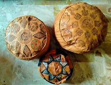 Set di 3 puff pouf etnici originali in pelle originali africani