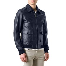 Bomber Giubbotto In Vera Pelle Blu Uomo Nero Slim Collo Camicia Con Tasconi R...