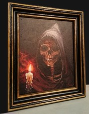 Dipinto a olio, Memento mori Vanitas teschio triste mietitore vintage