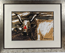 Quadro Romano Battaglia (1933-2012) Bue Olio Tecnica Mista Firmato Cornice 35x50