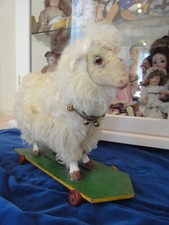 Antico giocattolo tira pecore francesi su ruote collare c1890 per bambola antica BRU Jumeau