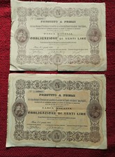 C8079-DUE OBBLIGAZIONI DI 20 LIRE,PRESTITO A PREMI CASSA NAZ. PREV...OPERAI,1905