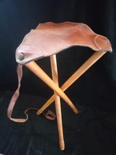Sgabello Treppiede Legno e Cuoio - Pelle pieghevole escursionismo pesca VINTAGE