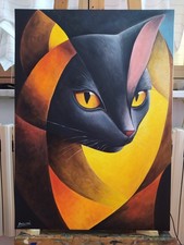 Quadro dipinto a mano arte contemporanea gatto nero astratto olio su tela 70*50
