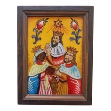 *HH* Antico Quadro Dipinto Su Vetro Votivo Devozionale Religioso Sacro  Re Magi 