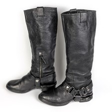 MIU MIU Stivali da motociclista donna in pelle nera con tacco a blocco imbracatura US8,5 EU39,5