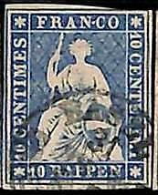 94991eE - SVIZZERA - FRANCOBOLLO - Zumstein # 23 filo verde / carta spessa USATO