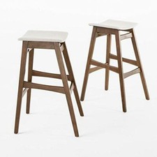 Set di due sgabelli da bar moderni metà secolo in legno (sedute colore beige chiaro)
