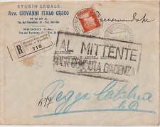  ITALIA 1936 Copertina commerciale registrata X Napoli restituita al mittente Reggio C