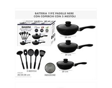 Bavaria Set 3 Padelle Alte Nere In Pietra Lavica Con Coperchi In Vetro Antiurto