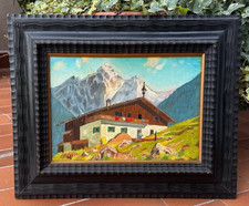 DIPINTO OLIO SU CARTONE TELATO - PAESAGGIO DI MONTAGNA -ANTICA CORNICE GUILLOCHÉ