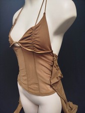 SEXY TOP ballo marrone T L velato in TULLE ELASTICO MANICA LUNGA spalla scopert