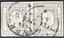 REGNO 1861 coppia francobolli per stampati 1c grigio Sass. n. 19 usati a Livorno