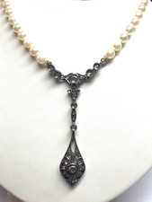 Collana Perle Naturali Antico Pendente Argento Diamanti Naturali Taglio Vecchio