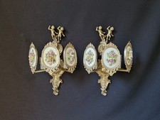 Coppia applique da parete vintage antiche in ottone e porcellana con rose 3 luci 