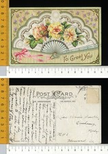 V3338] AUGURALE - VENTAGLIO CON ROSE GIALLE E FIOCCO ROSA - IN RILIEVO