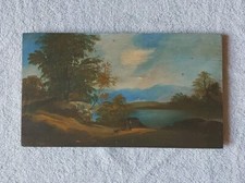 Paesaggio lago Lazio Roma olio su tavola cane figure