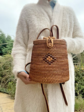 Rattan Cognac Hand Woven Handmade Genuine LEather Strap Boxy Vanity Backpack Bag