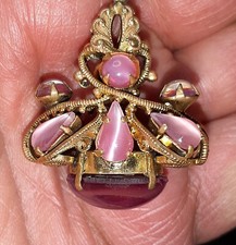 Antico Pendente Placcato In Oro Con Occhio Di Gatto Rosa