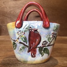 Pottery Barn Beautiful Ceramic Basket Winter Theme Cardinal, Handle, Dolomite