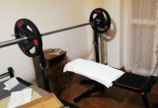 Bilanciere professionale 20 kg, panca inclinabile, supporti, 2 dischi 20 kg.