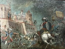 ANTICO DIPINTO OLIO DEL 1620 SCENA DI BATTAGLIA OTTOMANI MADRE DOLOROSA MARIA