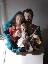 Sacra Famiglia Statua Dipinta A Mano  Poliestere Plastica Con Base Legno Cm...