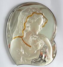 QUADRO SACRO MADONNA GESù BAMBINO MATERNITà QUADRO ARGENTO cm20x16 E LEGNO