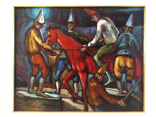 Festa di Carnevale, Uomini e Cavallo, Dipinto Olio Moderno Originale Firmato Espressionismo