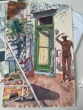 MEDITERRANEO GRANDE E AFFASCINANTE ACQUARELLO ANNI '90 FIRMA DA DECIFRARE