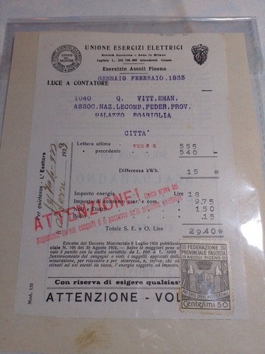 Fattura luce 1933 marca - fattura,