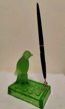Portapenne vintage da scrivania con Uccellino in vetro verde