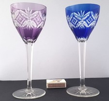 Set 2 Occhiali Vino Vetro Cammeo Blu Cobalto Lilla Tagliati a Mano Um 1900 L873